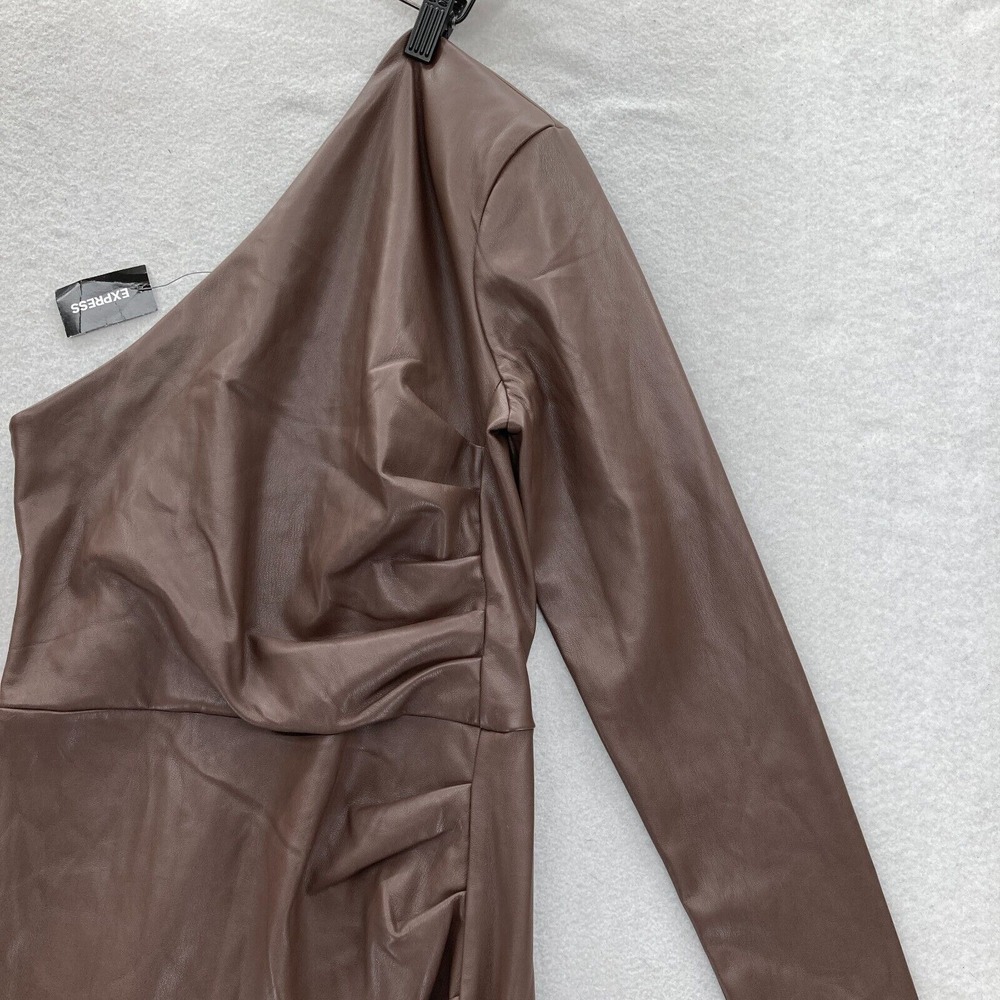 Express Brown Faux‎ Leather One Shoulder Bodycon Dress XS Long Sleeve Party NWT - Picture 2 of 14
